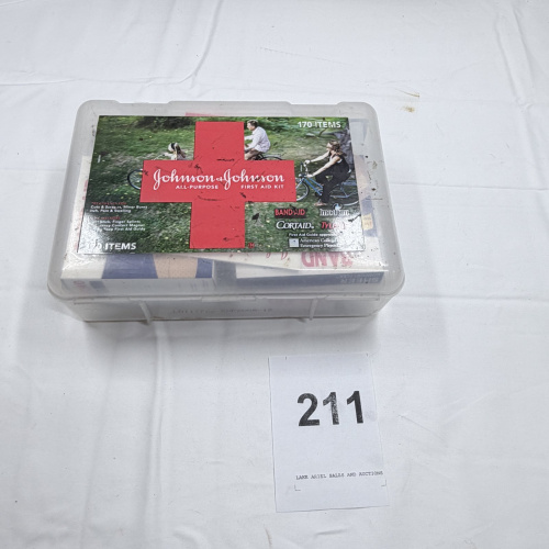 Lot 211: Johnson & Johnson 170 Item All-Purpose First Aid Kit in Clear Plastic Case