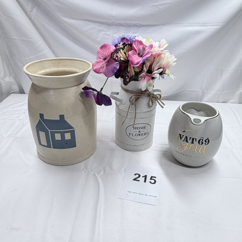 Lot 215: Ceramic Vase with House Design, Metal Flower Bucket, VAT 69 Gold Pitcher - 3 Piece Lot