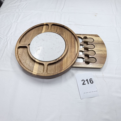 Lot 216: Wooden Cheese Board Set with Marble Insert and 4 Cheese Knives