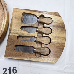 Lot 216: Wooden Cheese Board Set with Marble Insert and 4 Cheese Knives