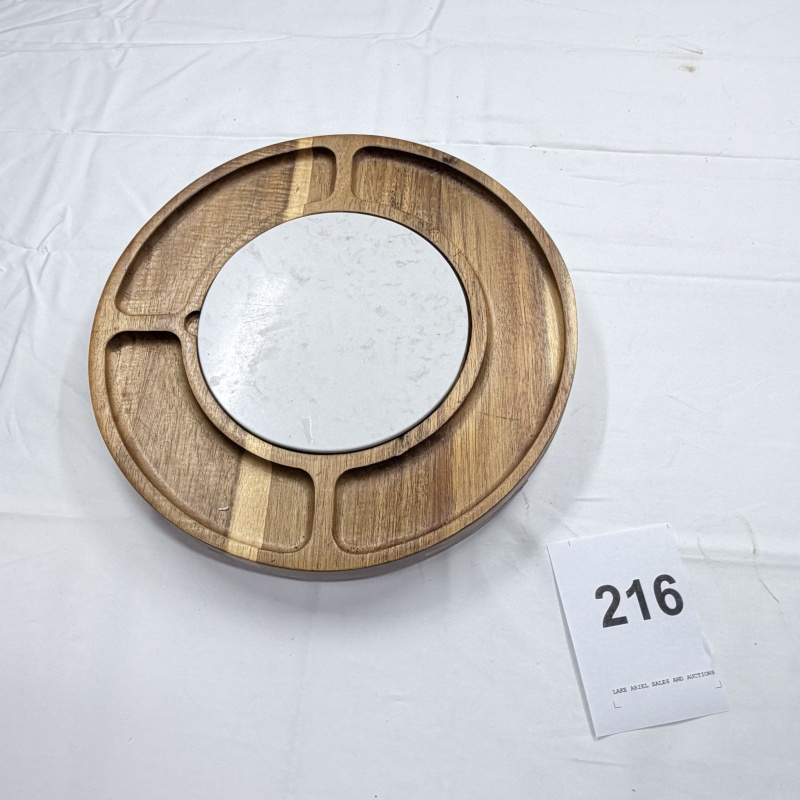 Lot 216: Wooden Cheese Board Set with Marble Insert and 4 Cheese Knives