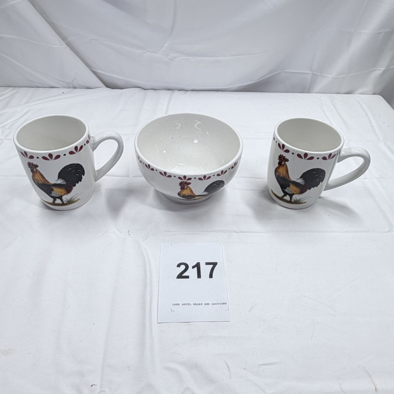 Lot 217: Rooster Pattern Ceramic Coffee Mugs and Bowl Set of 3 White with Red Trim
