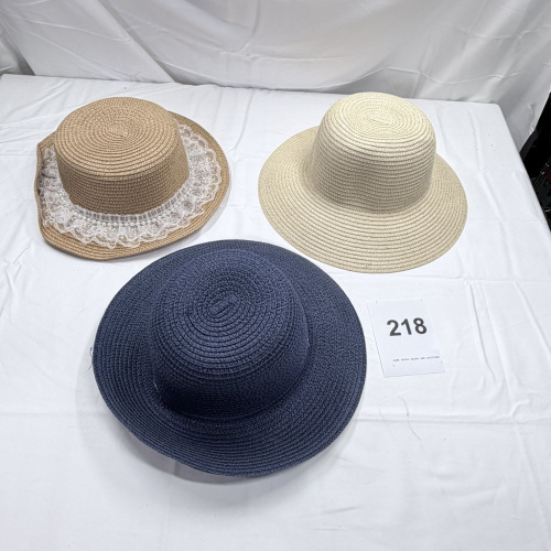 Lot 218: Three Straw Sun Hats - Navy, Beige with Lace Trim, and Tan