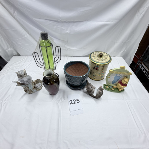 Lot 225: Mixed Lot Decorative Items - Planter, Owl Figurines, Tin, Winnie the Pooh Frame, Vase