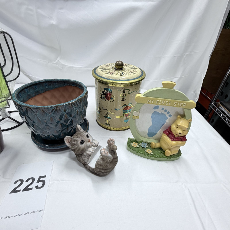Lot 225: Mixed Lot Decorative Items - Planter, Owl Figurines, Tin, Winnie the Pooh Frame, Vase