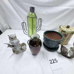 Lot 225: Mixed Lot Decorative Items - Planter, Owl Figurines, Tin, Winnie the Pooh Frame, Vase