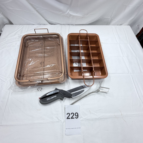 Lot 229: Copper-Tone Baking Pan Set with Basket, Brownie Pan, Kitchen Shears & Tongs