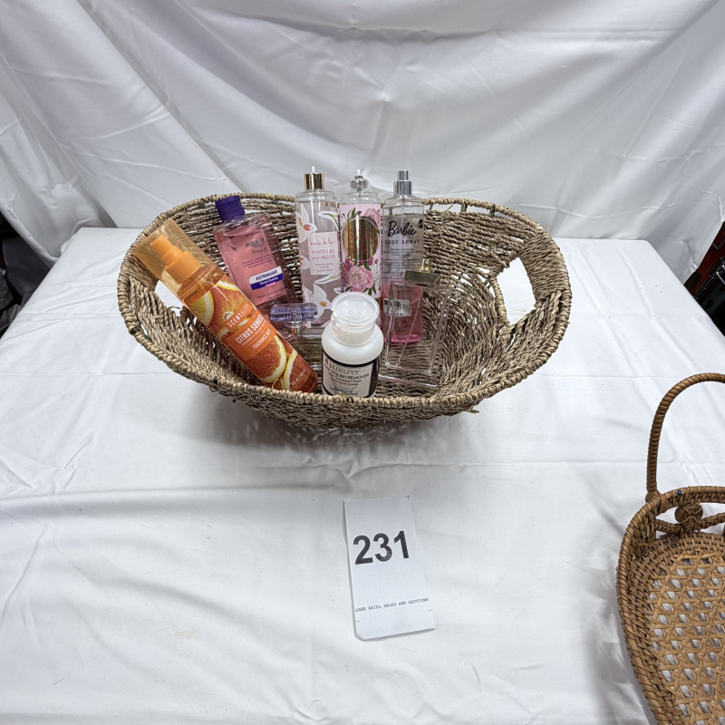 Lot 231: Woven Basket with Assorted Body Sprays & Beauty Products - Barbie, Equate, Etc.