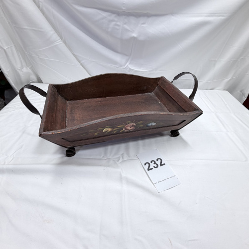 Lot 232: Antique Dark Wood Tray with Metal Handles, Floral Painted Detail, Footed Base