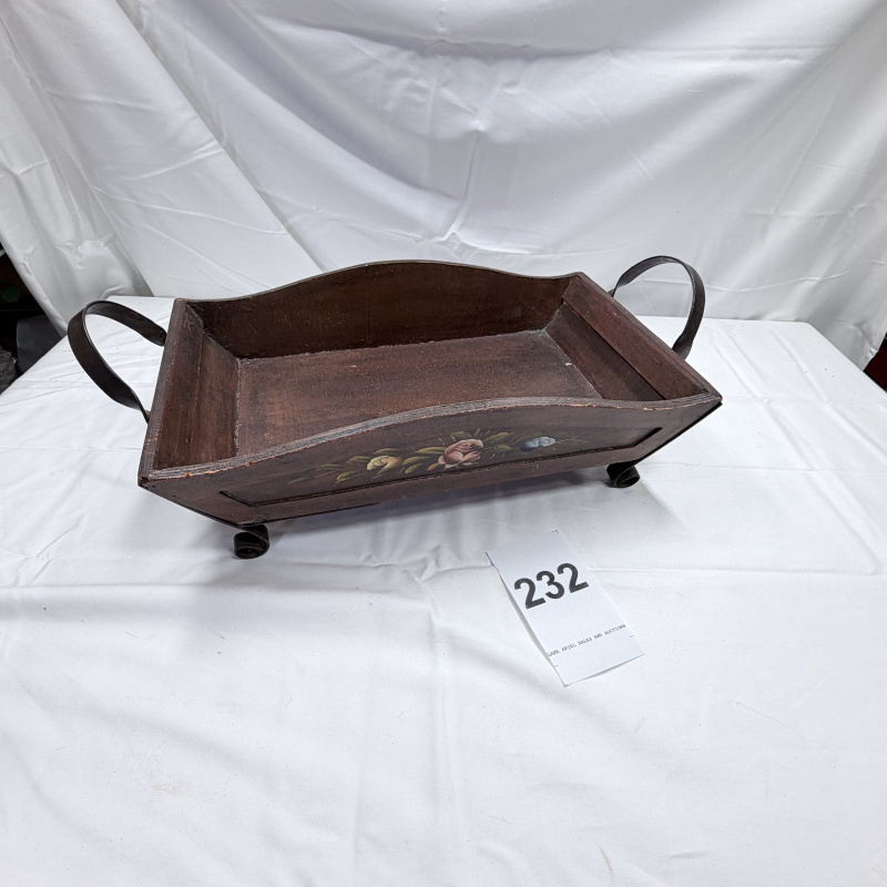 Lot 232: Antique Dark Wood Tray with Metal Handles, Floral Painted Detail, Footed Base