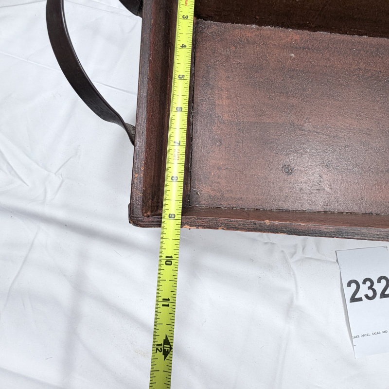 Lot 232: Antique Dark Wood Tray with Metal Handles, Floral Painted Detail, Footed Base