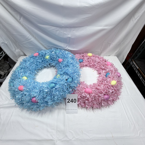 Lot 240: Two Tinsel Easter Wreaths Blue and Pink with Decorative Eggs