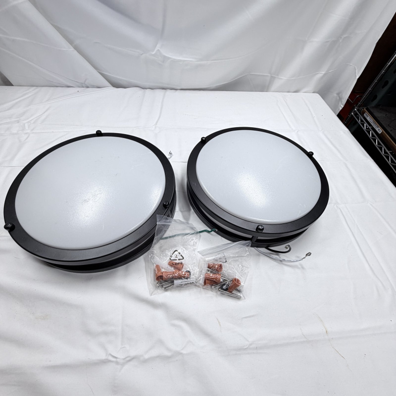 Lot 245: Two Round LED Ceiling Light Fixtures, Black Frame, 12" Diameter, 120V