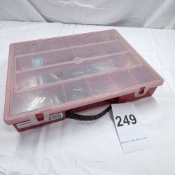 Lot 249: Red Plastic Organizer Case with Assorted Screws, Nails, Bolts, and Hardware