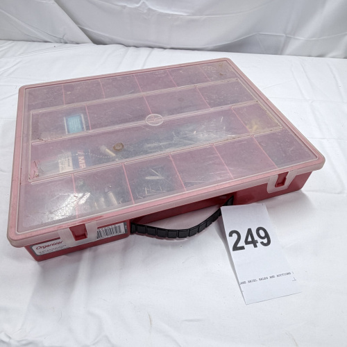 Lot 249: Red Plastic Organizer Case with Assorted Screws, Nails, Bolts, and Hardware