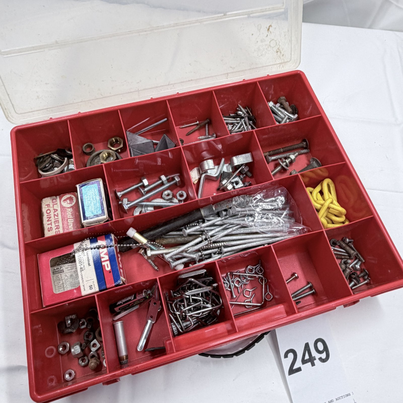 Lot 249: Red Plastic Organizer Case with Assorted Screws, Nails, Bolts, and Hardware