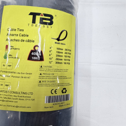 Lot 250: TB TDERSSY Black Cable Ties 40lbs 18KG Assorted Sizes 4mm Width 700 Pieces