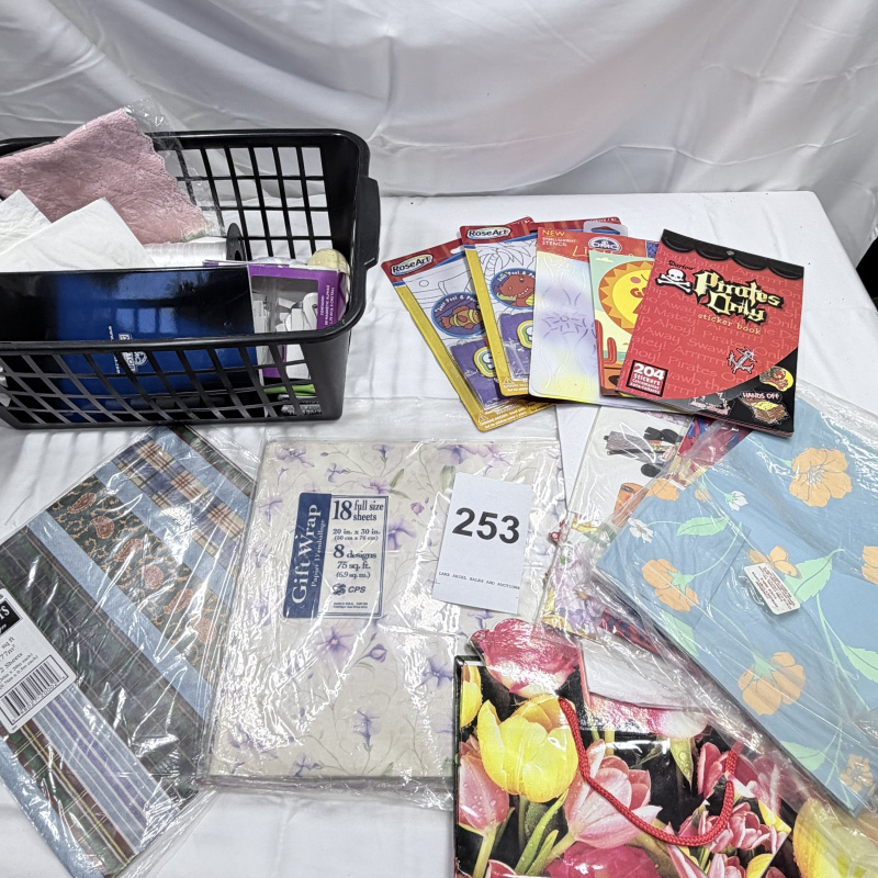 Lot 253: Mixed Lot Scrapbook Craft Supplies Gift Wrap Paper Stickers Books Basket