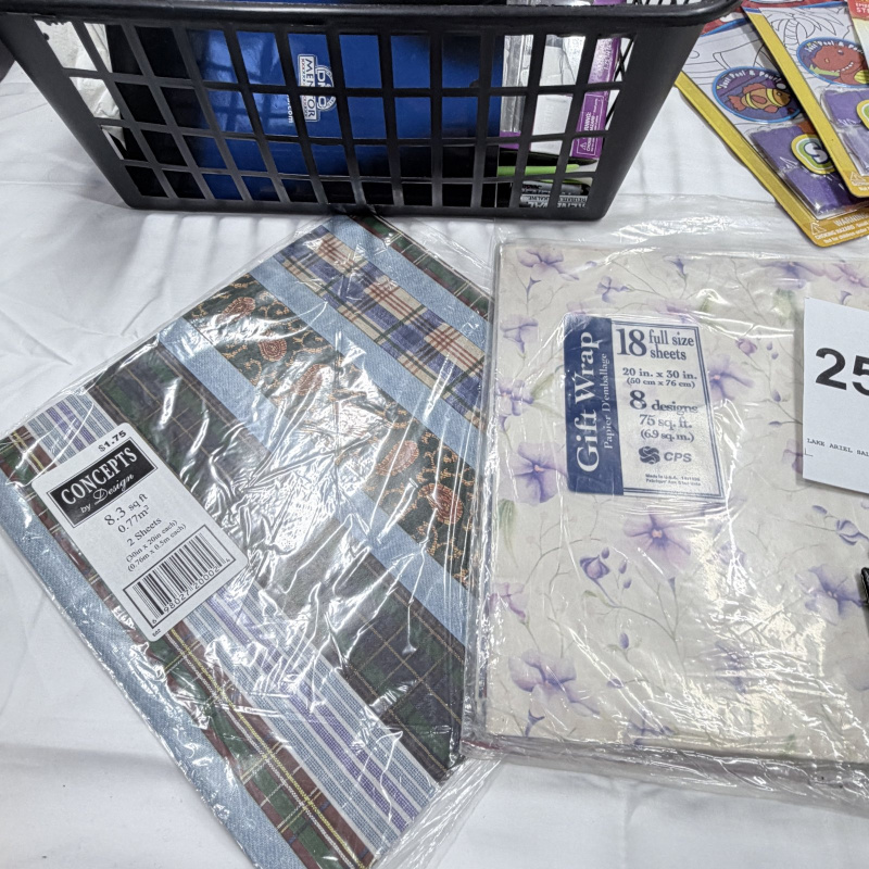 Lot 253: Mixed Lot Scrapbook Craft Supplies Gift Wrap Paper Stickers Books Basket