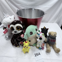 Lot 264: Red Metal Beverage Tub with Assorted Ty Beanie Boos Plush Toys & Pikachu
