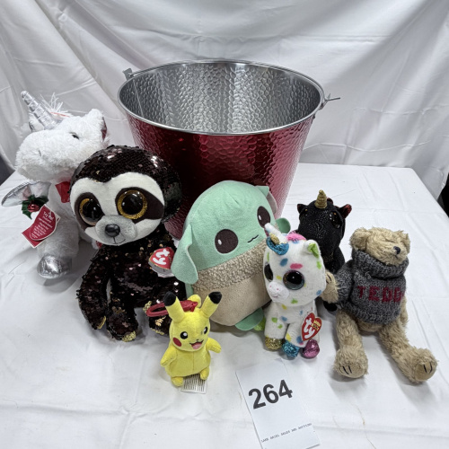 Lot 264: Red Metal Beverage Tub with Assorted Ty Beanie Boos Plush Toys & Pikachu