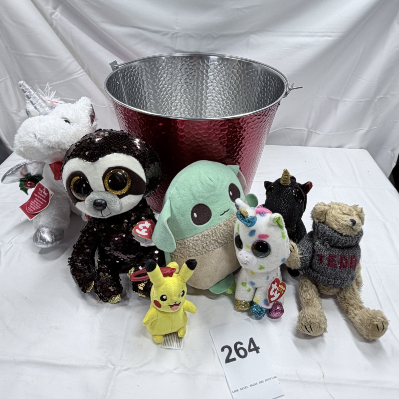 Lot 264: Red Metal Beverage Tub with Assorted Ty Beanie Boos Plush Toys & Pikachu