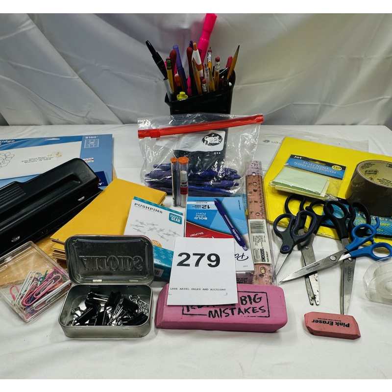 Lot 279: Office Supply Lot - Scissors, Paper Clips, Mailing Labels, Pens, Pencils, Hole Punch