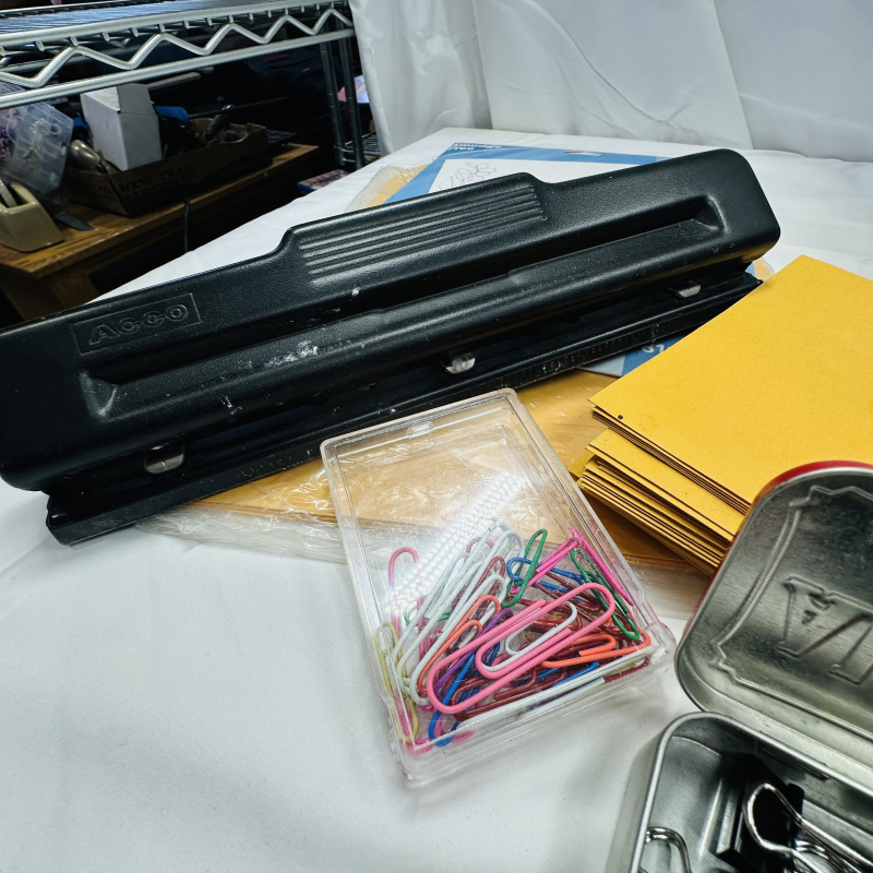 Lot 279: Office Supply Lot - Scissors, Paper Clips, Mailing Labels, Pens, Pencils, Hole Punch