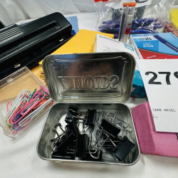 Lot 279: Office Supply Lot - Scissors, Paper Clips, Mailing Labels, Pens, Pencils, Hole Punch