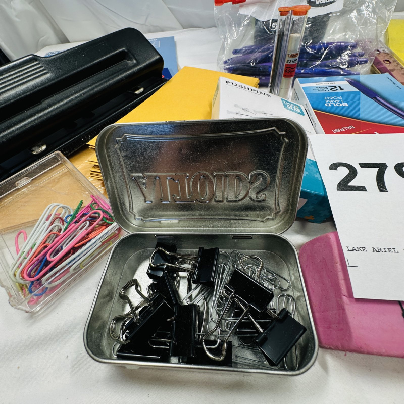 Lot 279: Office Supply Lot - Scissors, Paper Clips, Mailing Labels, Pens, Pencils, Hole Punch