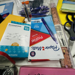 Lot 279: Office Supply Lot - Scissors, Paper Clips, Mailing Labels, Pens, Pencils, Hole Punch