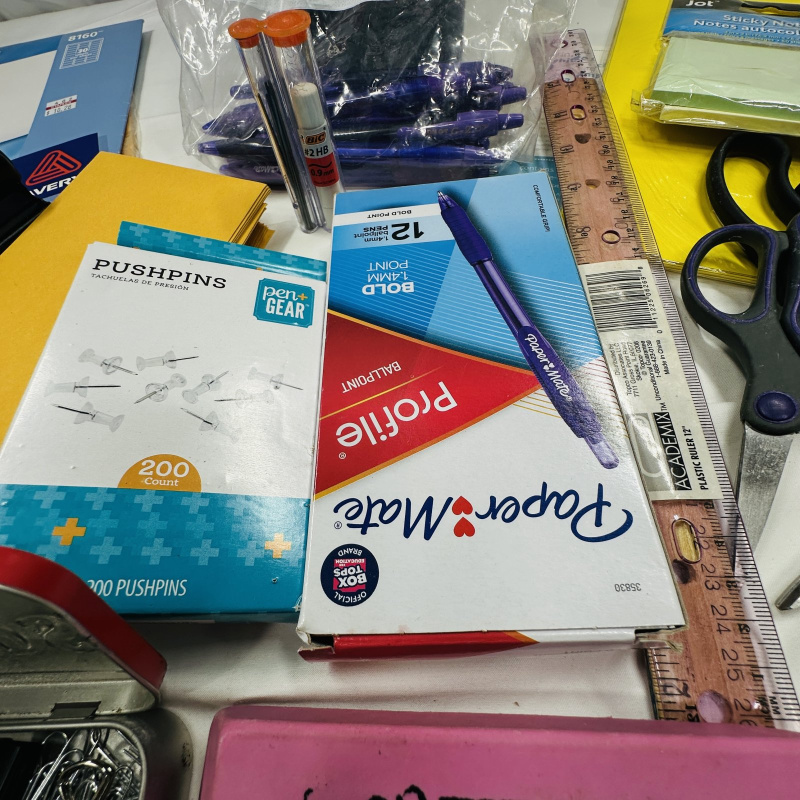 Lot 279: Office Supply Lot - Scissors, Paper Clips, Mailing Labels, Pens, Pencils, Hole Punch