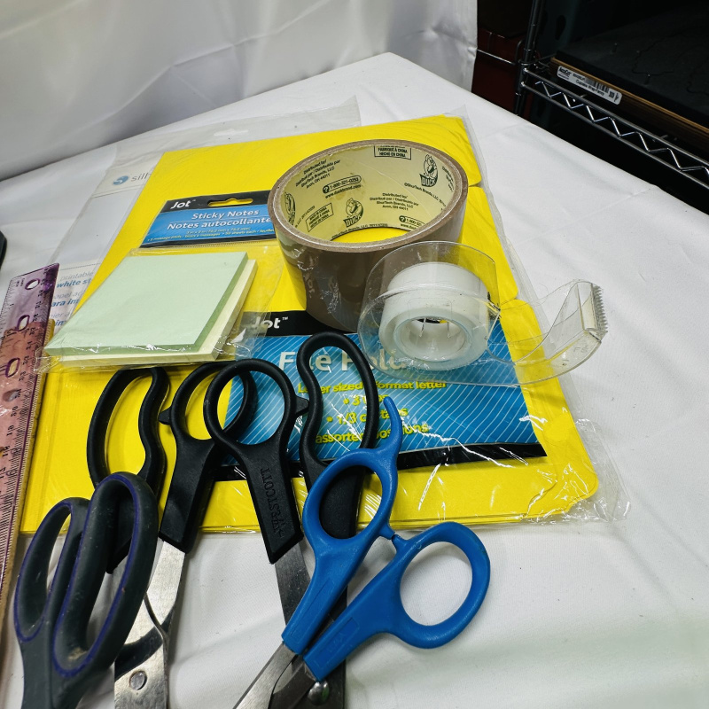 Lot 279: Office Supply Lot - Scissors, Paper Clips, Mailing Labels, Pens, Pencils, Hole Punch