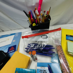 Lot 279: Office Supply Lot - Scissors, Paper Clips, Mailing Labels, Pens, Pencils, Hole Punch