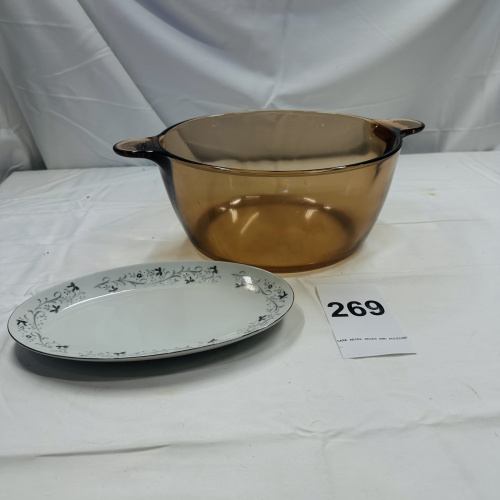 Lot 269: Corning Vision 2 Qt Amber Glass Casserole Dish & Moon Mist Fine China Platter