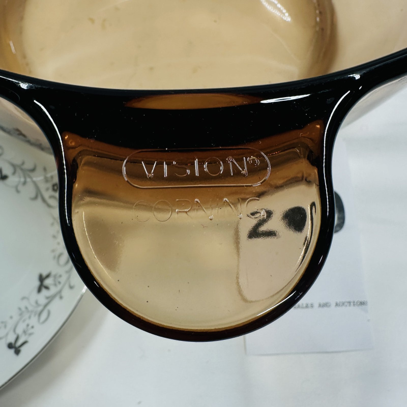 Lot 269: Corning Vision 2 Qt Amber Glass Casserole Dish & Moon Mist Fine China Platter