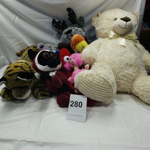 Lot 280: Mixed Lot of Stuffed Plush Animals - Tiger, Bear, Moose, Monkey - Various Sizes