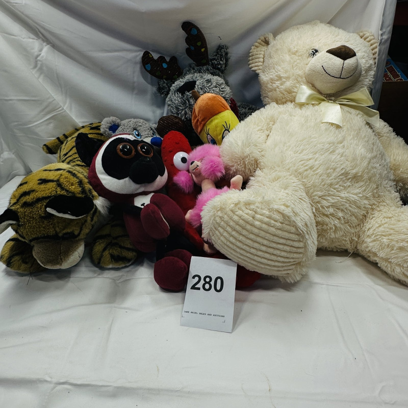 Lot 280: Mixed Lot of Stuffed Plush Animals - Tiger, Bear, Moose, Monkey - Various Sizes
