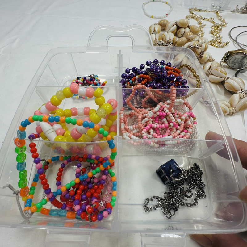 Lot 281: Clear Plastic Jewelry Organizer with Assorted Costume Jewelry Beads Necklaces