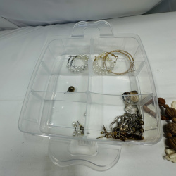 Lot 281: Clear Plastic Jewelry Organizer with Assorted Costume Jewelry Beads Necklaces