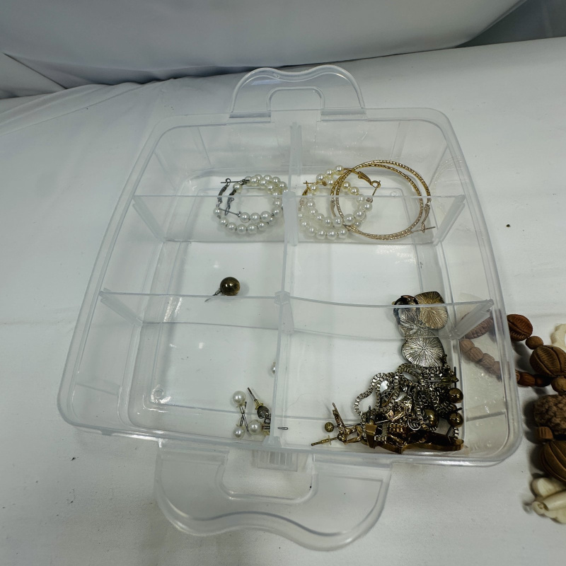 Lot 281: Clear Plastic Jewelry Organizer with Assorted Costume Jewelry Beads Necklaces