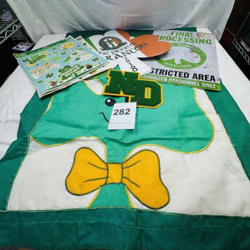 Lot 282: St. Patrick's Day Decorations Bundle - Banner, Window Clings, ND Patch, Shamrock Items