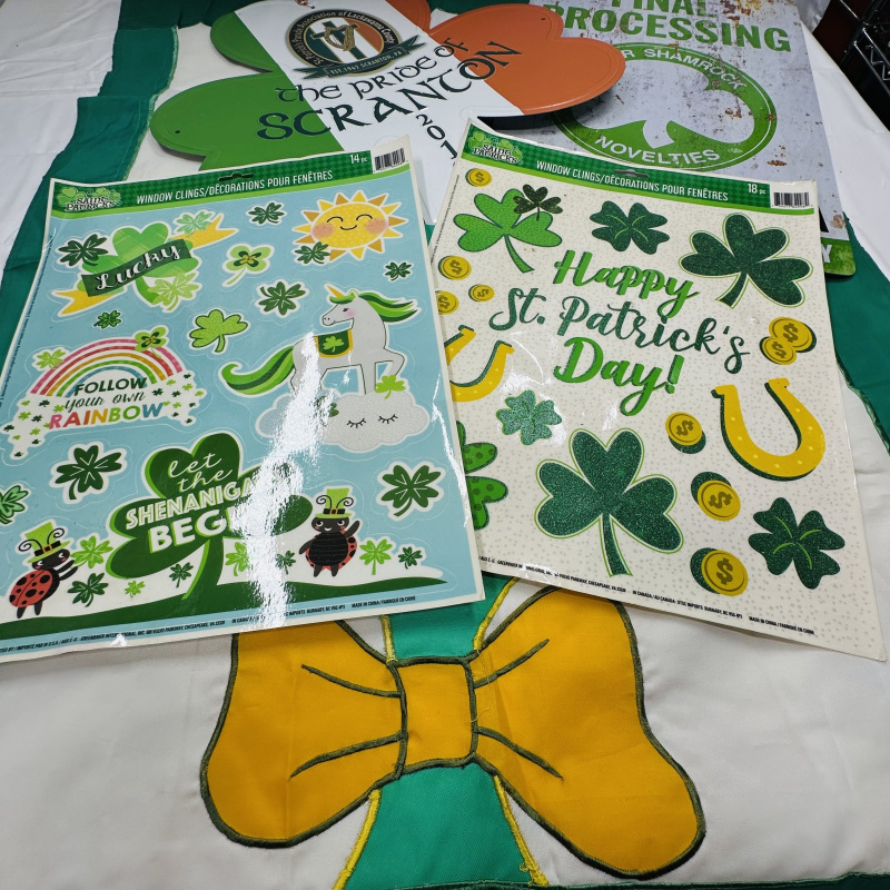 Lot 282: St. Patrick's Day Decorations Bundle - Banner, Window Clings, ND Patch, Shamrock Items