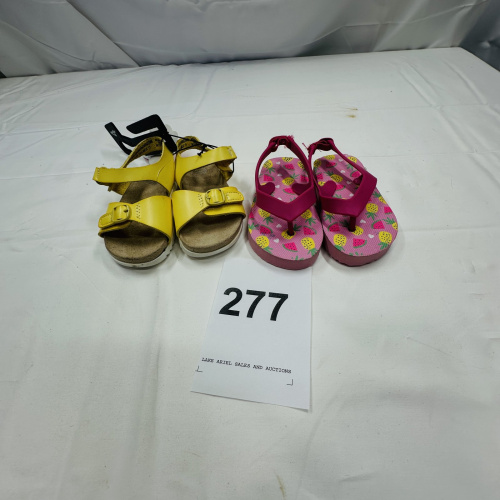 Lot 277: Wonder Nation Infant Girl's Yellow Buckle Sandals Size 4 & Pink Pineapple Flip Flops Size 6