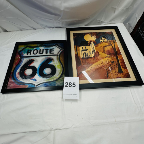 Lot 285: Two Framed Prints: Route 66 Sign and Autumn House Scene