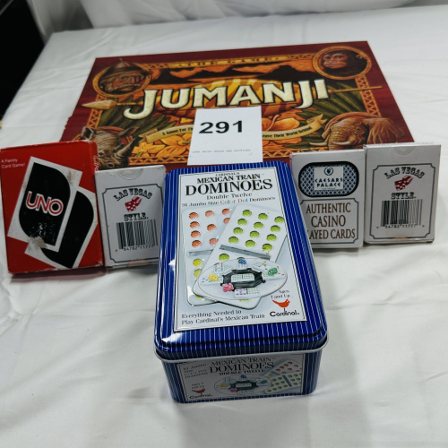 Lot 291: Jumanji Board Game with UNO, Mexican Train Dominoes, and Casino Playing Cards Lot