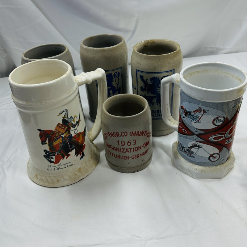 Lot 293: German Beer Steins Mugs Lot - Lowenbrau Munich Knight Motorcycle 6 Pieces