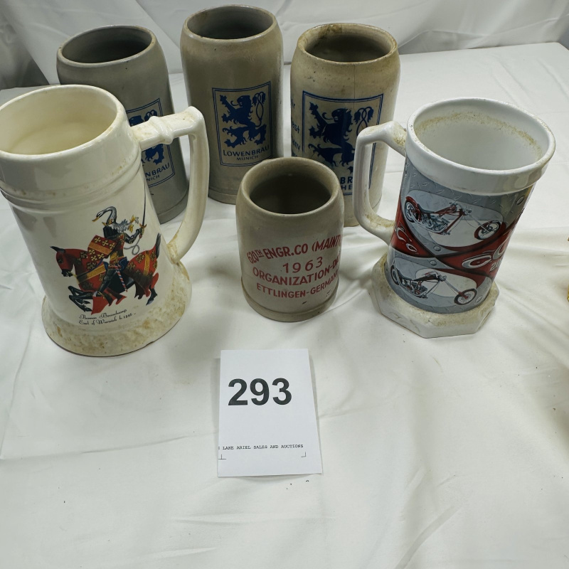 Lot 293: German Beer Steins Mugs Lot - Lowenbrau Munich Knight Motorcycle 6 Pieces