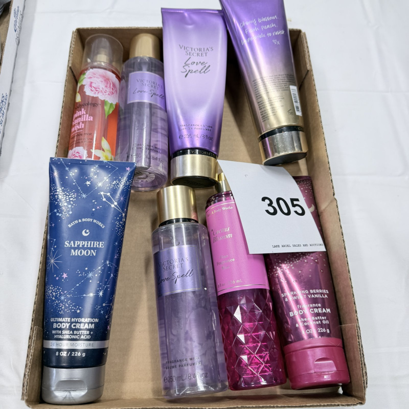 Lot 305: Victoria's Secret & Bath & Body Works Fragrance Mist Body Cream Lotion Lot 9 Items