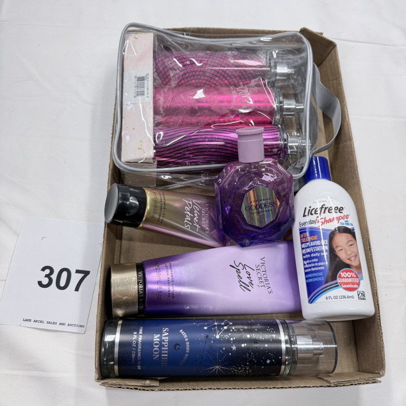 Lot 307: Women's Body Care Lot - Victoria's Secret, Licefreee Shampoo, Hair Brushes, Perfume